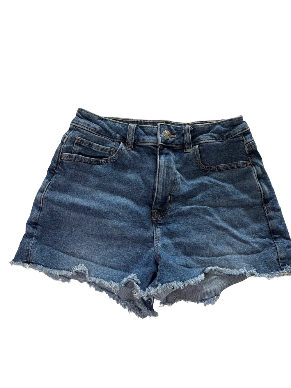 American Eagle Outfitters Dark Blue High-Rise Frayed Hem Jean Shorts
